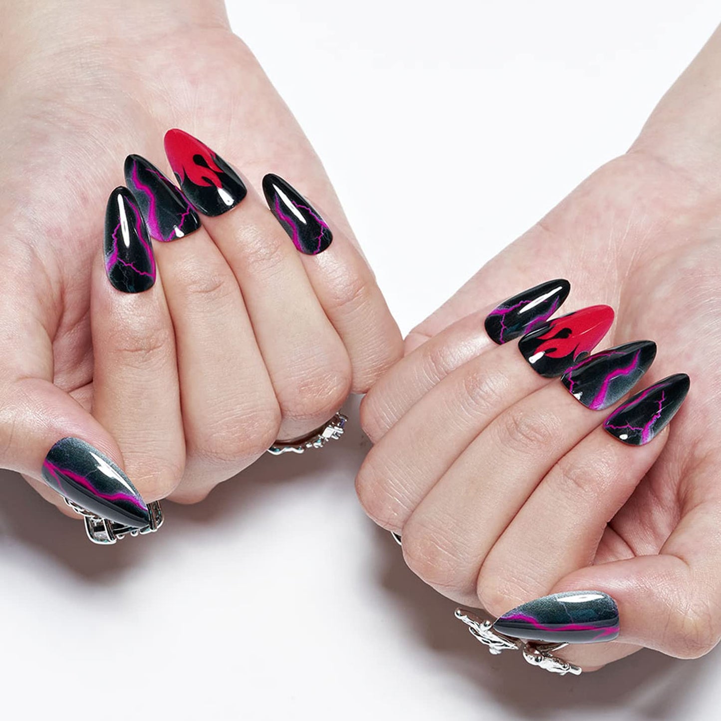 Almond Press on Nails with Red Thunder, GLAMERMAID Black Oval Fake Nails with Design, UV Glossy Finish Cartoon Acrylic False Nail Kits, Fire Stick Glue on Nails Sets Reusable Full Cover Nails for Women Girls Gift, 24Pcs