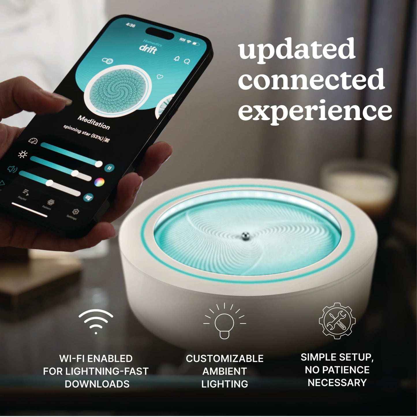 Homedics Drift 11” Sandscape – Version 2.0 with Updated Connected Experience, Smart Wi-Fi Zen Table Décor, LED Ambient Light, Modern Sand Art for Relaxation & Mindfulness, Home & Office Calm Décor
