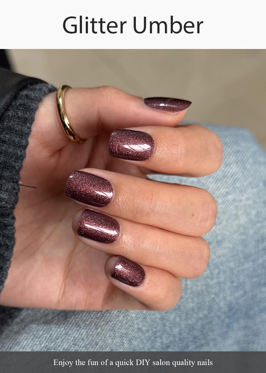 AutyaMee Semi Cured Gel Nail Strips (Glitter Umber), 20 Pcs Deep Brown Gel Nail Wraps, Stickers, Salon Quality, Brown, Works with Any UV Lamps