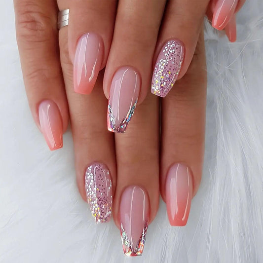Coffin Press on Nails Medium Light Pink Fake Nails with Glue Orange Gradient Glitter Designs French Glue on Nails Medium Length Pink Full Cover Acrylic False Nails for Women 24 Pcs