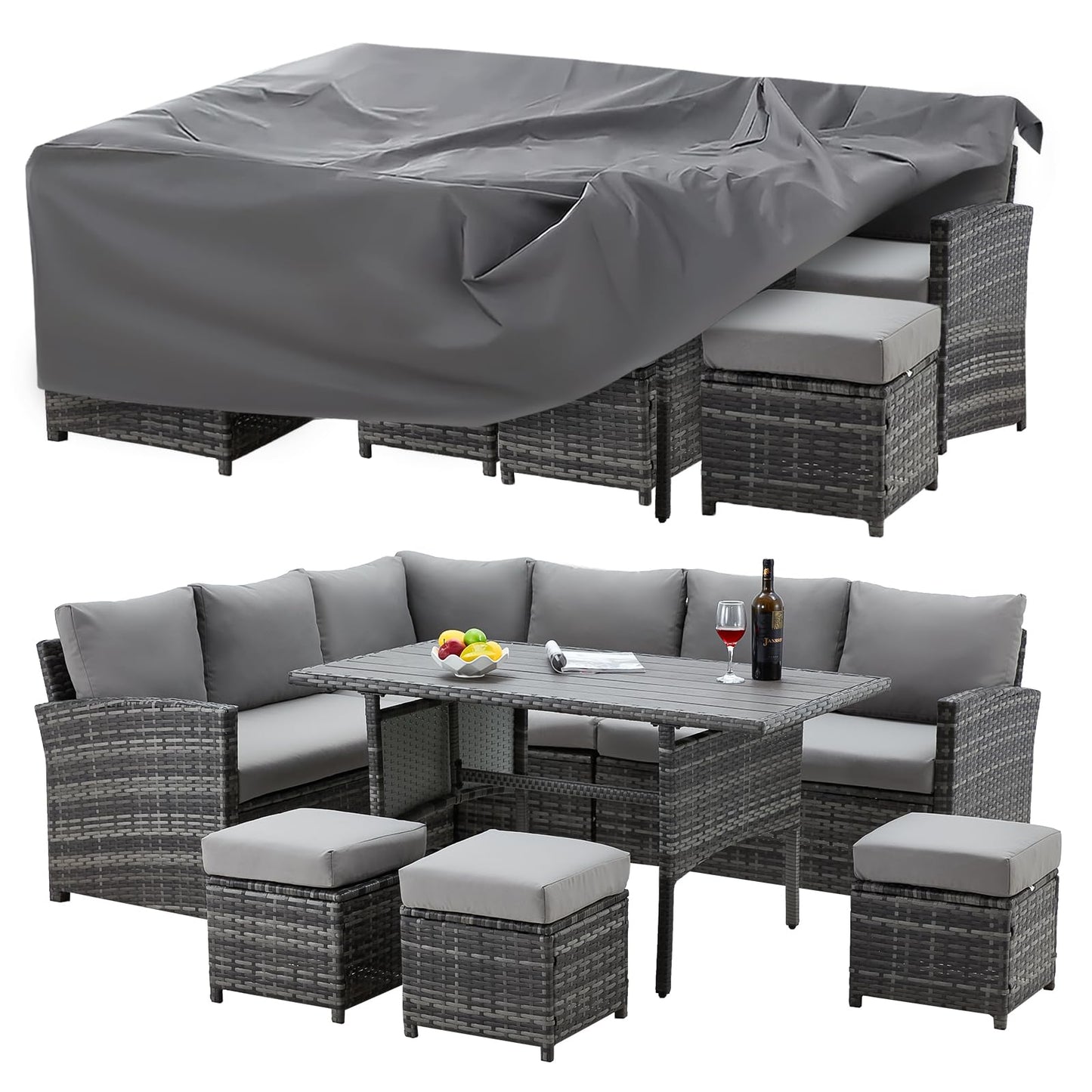 U-MAX 7 Pieces Patio Furniture Set with Waterproof Cover, Outdoor Sectional Sofa Conversation Set, All Weather Wicker Rattan Dining Table & Chair with Ottoman, Grey Rattan&Grey Cushion