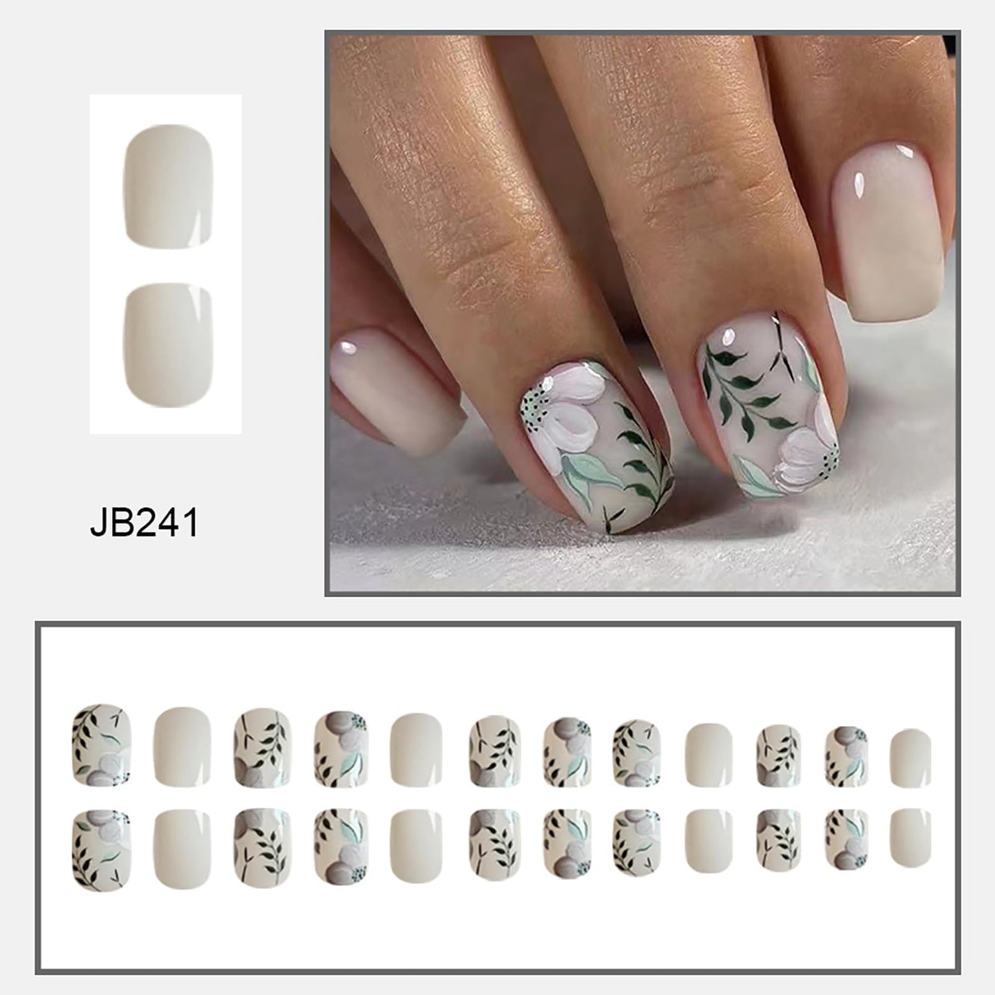RTKHFZE Press on Nails Medium Square Fake Nails with Flower Leaf Designs White Acrylic Nails Green Full Cover Glue on Nails Glossy Artificial Nails Summer Stick on Nail for Women 24Pcs