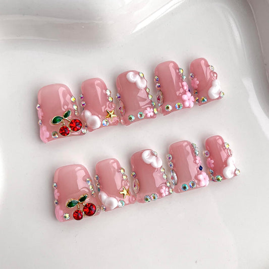 Handmade Press on Nails Short Duck French Tip Thick Acrylic Fake Nails 3D Floral False Nails with Cherry Rhinestones Charms Designs Nude Pink Sturdy Nail Art Press on Nails 10Pcs(S)