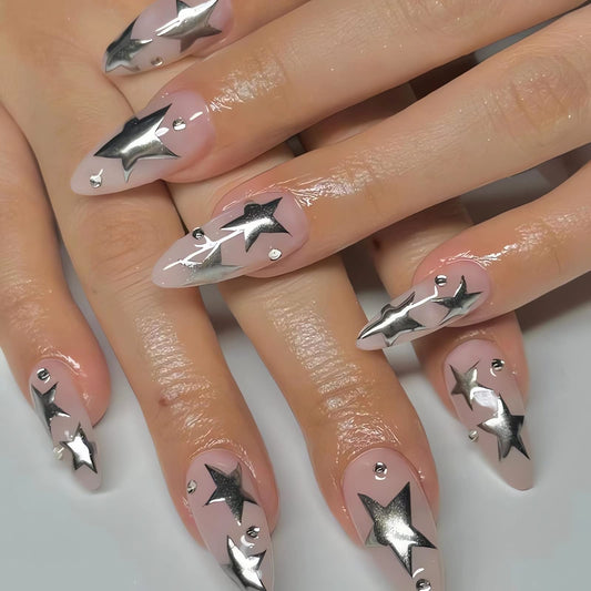 IMSOHOT Medium Almond Stiletto Press on Nails, Nude Silver Star Glossy Acrylic Nails for Women, 24PCS