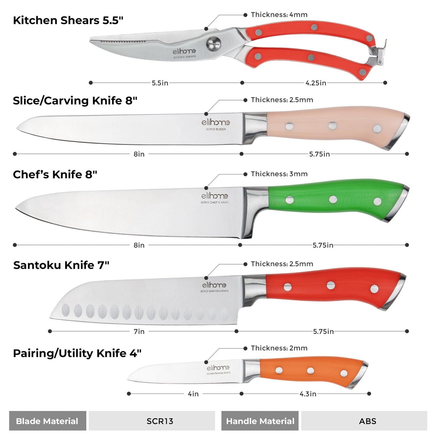 Elihome Premium Color Coded XL Cutting Board and 5piece Premium Stainless Steel Chef Knife Set