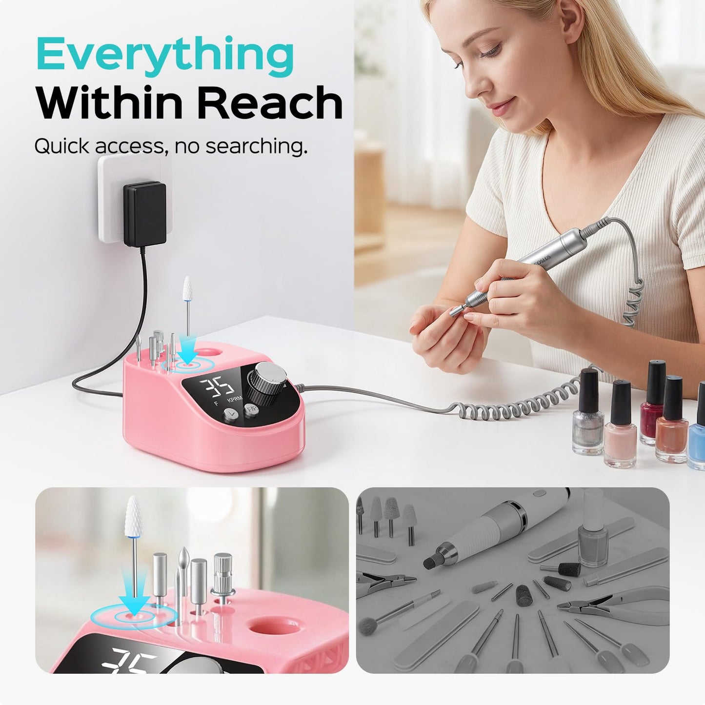 COSLUS E50 Professional Electric Nail Drill: 35000RPM Steady Power with LED Display for Acrylic, Gel & Natural Nails - Easy to Use for Women, Nail Art Practice, Desktop Nail File at Home DIY or Salon