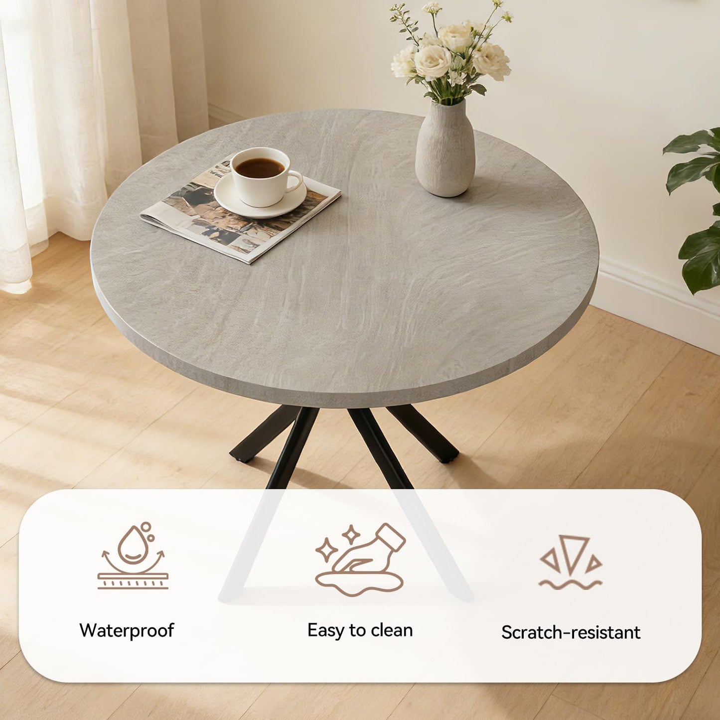 domusdisn 44" Round Dining Table with Cozy Chair Set for 4, Modern Mid-Century Dining Table Set of 4, Dinette Sets with Metal Leg for Kitchen Dining Room Apartment(Gray Table + Gray Chairs)