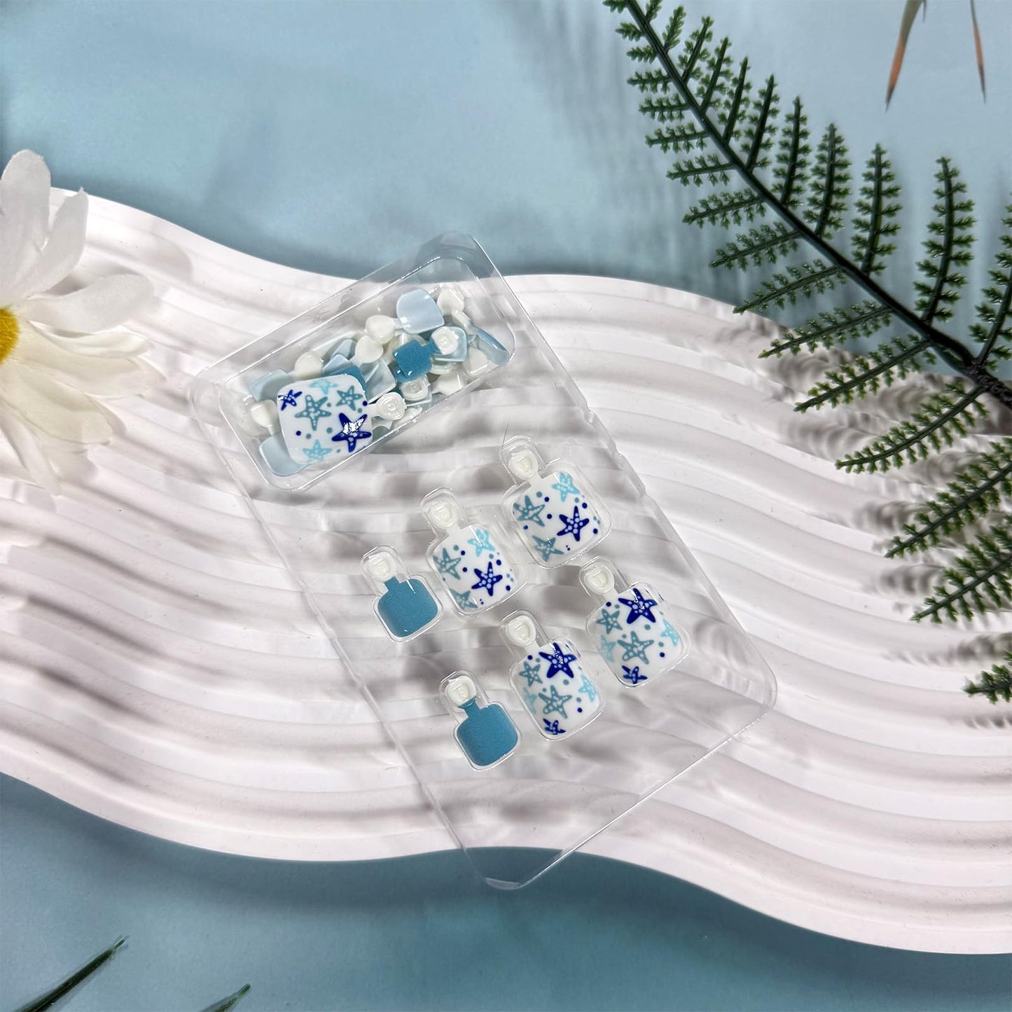Blue Starfish Press on Toenails Short Square Fake Toe Nails Summer Beach Toenail Press ons Acrylic Toe Nail Tips Reusable Stick on Nails for Women Daily Vacation Manicure 24Pcs