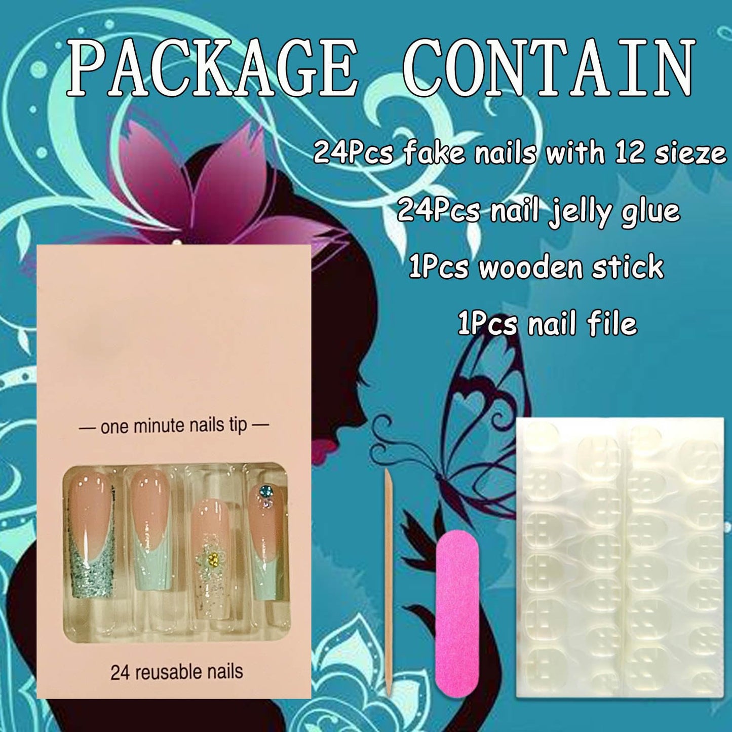 EYZOTSF Press on Nails Long Coffin Shaped Acrylic Square False Nails with Designs Artificial Extra Long Length Coffin Fake Nails with Charms Glue Stick ons Fingernails for Women Girls(Z1015)