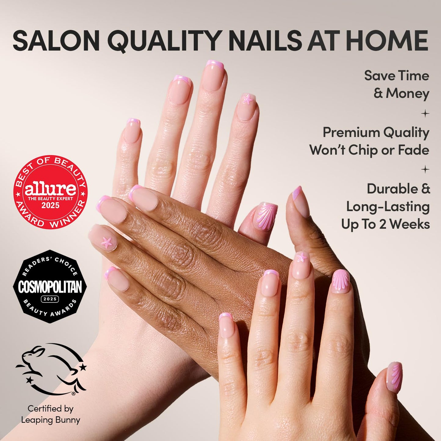 Glamnetic Press On Nails - Blush Dunes | Short Squoval Fake Nails with Pink French Tips and 3D Accents, Salon Quality Summer Nails | 15 Sizes - 30 Nail Kit with Glue