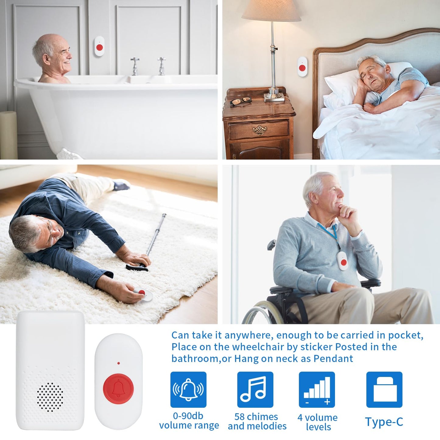 Wireless Caregiver Pager Nurse Alert System SOS Call Button Vibration Pager Nurse Calling Alert System with 58 Melodies 4 Adjust Volume Levels for Patients Seniors Elderly Monitoring at Home