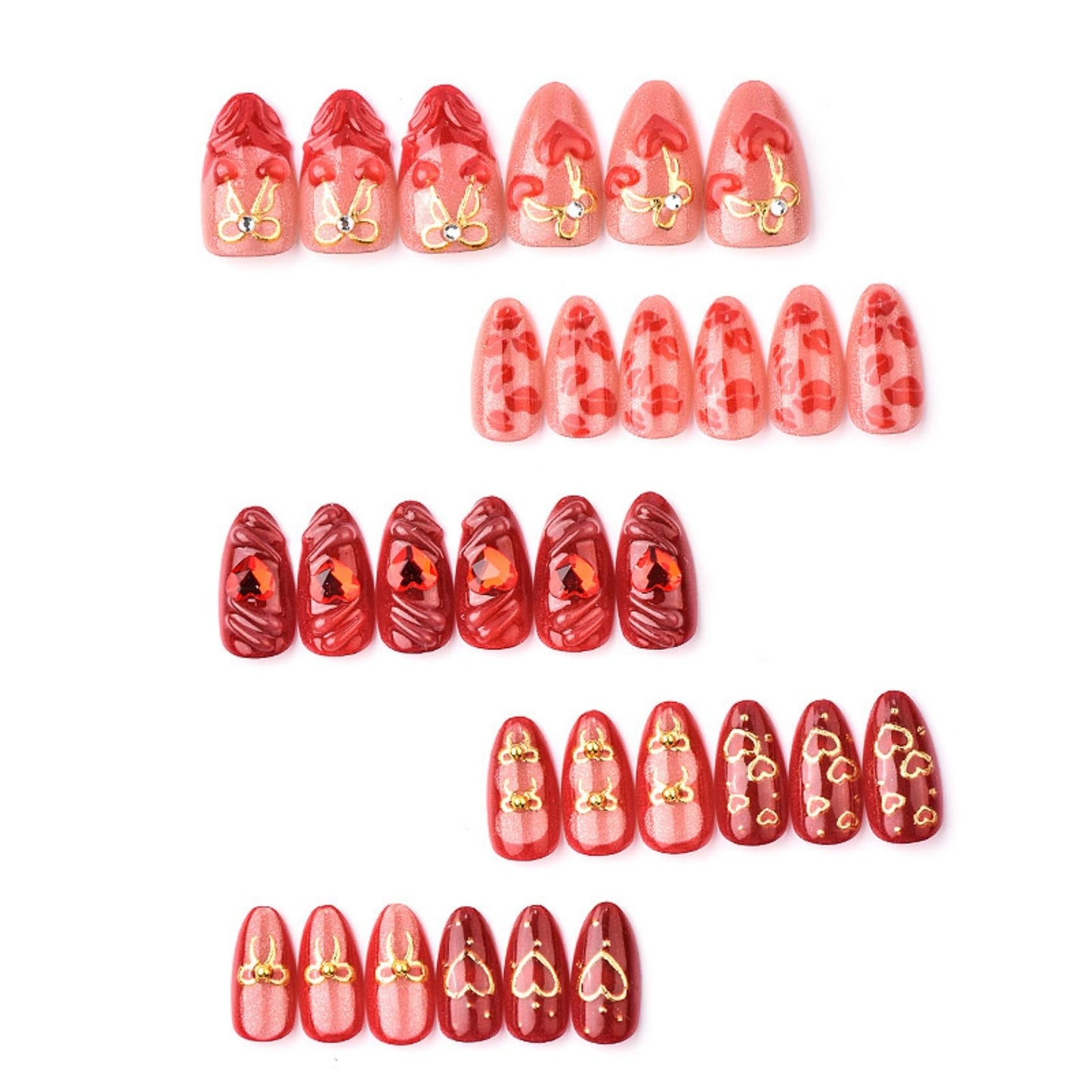 Medium Almond Press on Nails for Women,Red Lips & Hearts,Fake Nails Artificial Stick on Nails