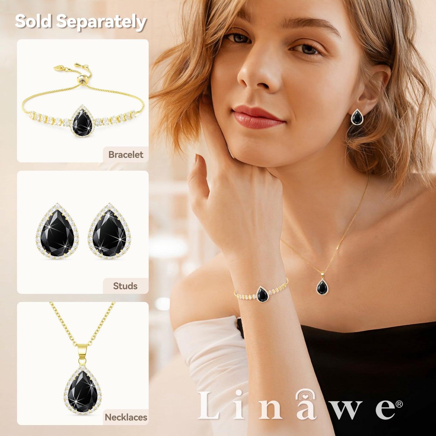 Linawe Black Earrings for Women, Gold Stud Earrings, Imitation Diamond Cubic Zirconia Teardrop Rhinestone Crystal Earrings Studs, Statement Unique Dainty Costume Jewelry Vintage