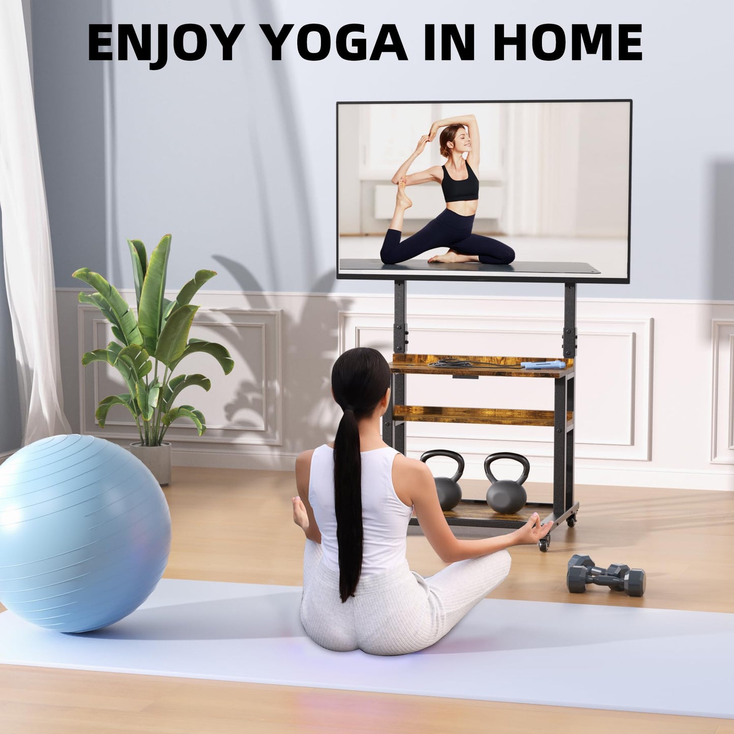 Entertainment Center with Large Storage and Foldable Table, Rolling TV Stand with Lockable Wheels, TVs Under 75 inches, Height Adjustable, Tall TV Stand for Outdoor, Bedroom, Living Room and Office