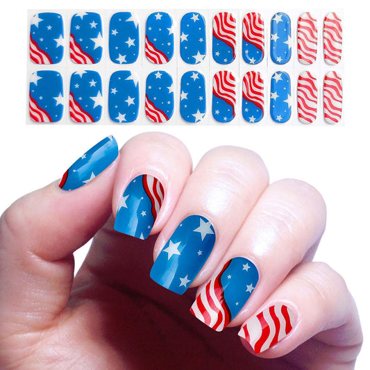 YIZHUO Patriotic Semi-Cured Gel Nail Strips Kit - 4th of July Nail Art Designs with 20 Salon-Quality Stickers, Easy DIY Manicure at Home, UV/LED Lamp Required, Red White and Blue