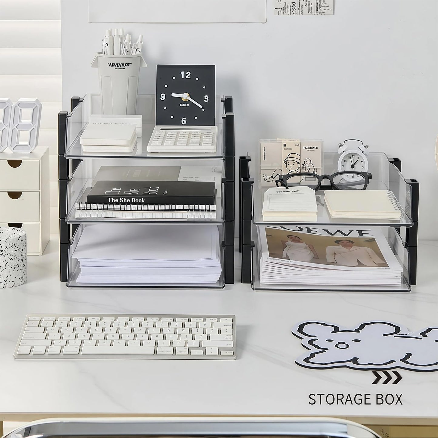 RHONZHAO Clear 2-Tier Stackable Paper Tray Organizer for Letter/A4 Files, Desktop Document Sorter, Transparent Office Desk Storage (2 - Tier Clear)