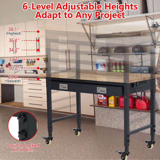ACONEE Adjustable Height Workbench, 48" Heavy Duty 2000 LB Load Capacity, Solid Rubber Wood Top, Sturdy Metal Frame, Workstation with Drawer & 4 Rolling Casters, Power Outlets for Garage Workshop