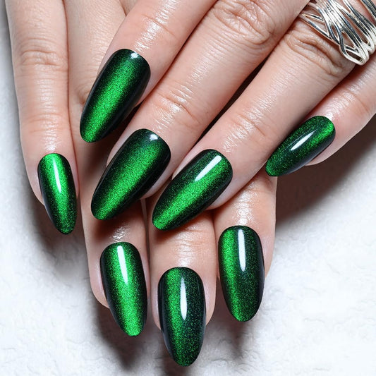 XZMeiLun Cat Eye Green Press On Nails Almond Medium Length, Magnetic Acrylic Fake Nails Stylish Design, Salon-Quality Shiny Finish, Reusable Stick On Nails Kit for Women, Daily Wear (No Glue Included)