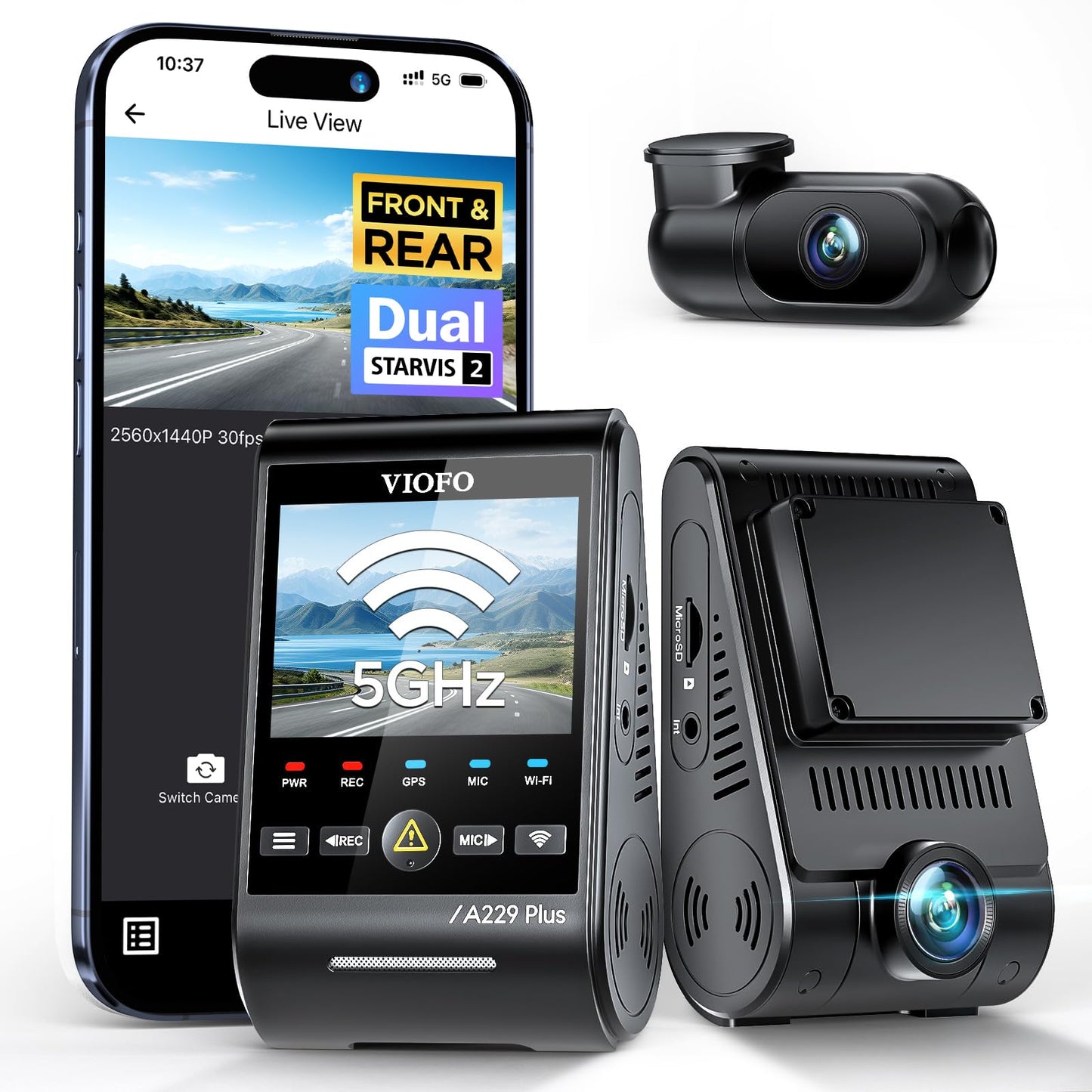 VIOFO A229 Plus Dash Cam Front and Rear, Dual STARVIS 2 Sensors, 2 Channel HDR, 1440P+1440P Voice Control Car Dash Camera, 5GHz Wi-Fi, Voice Control, Ultra-Precise GPS