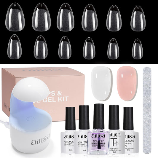 AILLSA Nail Extension Kit Short Almond Nail Tips 240pcs with 2 In 1 Nail Glue Base Coat and Nail Dehydrator, Gel Nail Tips Kit with Nail Lamp Top Coat for Starters Home Salon