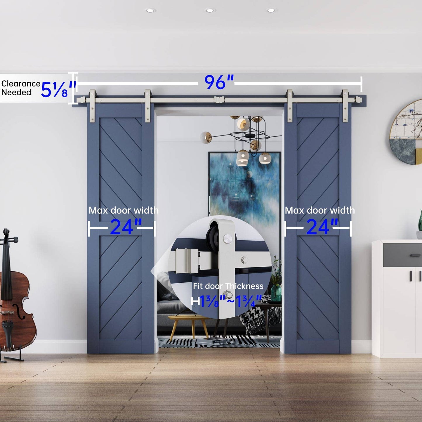 EaseLife 8 FT Brushed Nickel Double Sliding Barn Door Hardware Track Kit,Basic J Pulley,Heavy Duty,Slide Smoothly Quietly,Easy Install (8FT Track Kit for Double 24" Wide Door)