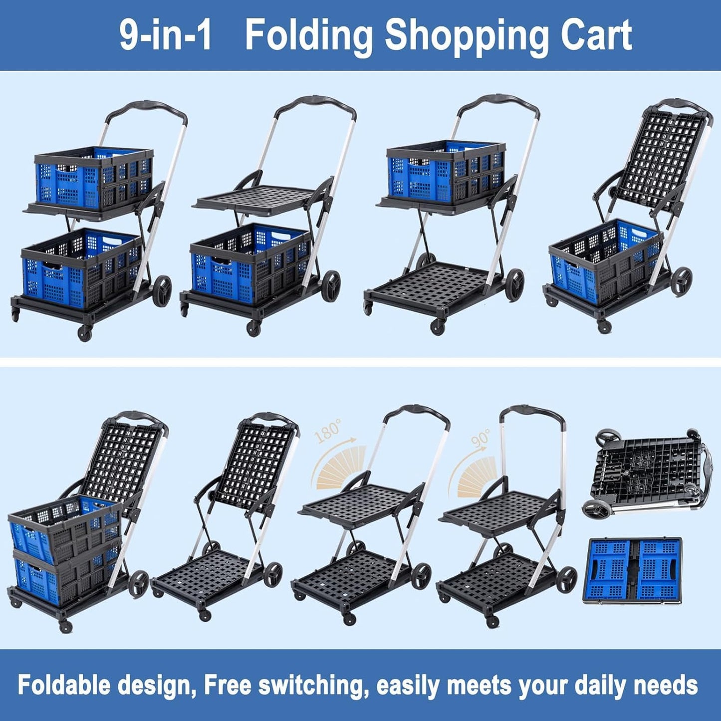 Shopping Cart with 2 Storage Crates, Multi Use Functional Collapsible Carts with 360° Rolling Swivel Wheels Heavy Duty Folding Trolley for Shopping, Picnic and Office