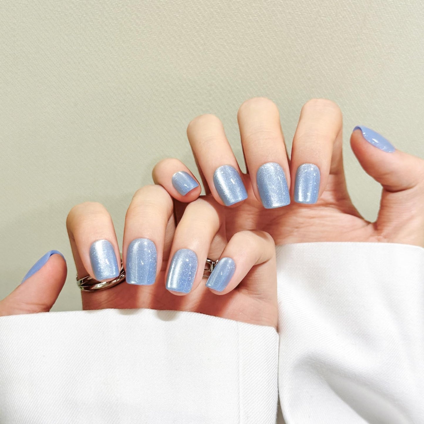 Blue Cat Eyes Press On Nails,12 Sizes - 24 Pcs Soft Gel Blue Short Squoval Fake Nails Kit with Nail Glue, Natural Reusable Stick On False Nails for Women and Girls SK1065