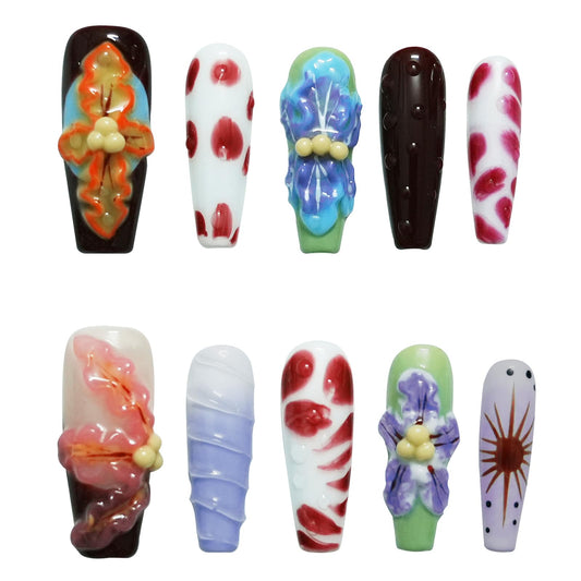 Tesytto Long Coffin Press On Nails with 3D Floral Design - Summer Multicolor Thick Luxury False Nails Reusable Acrylic Nails (Summer Stories,S)