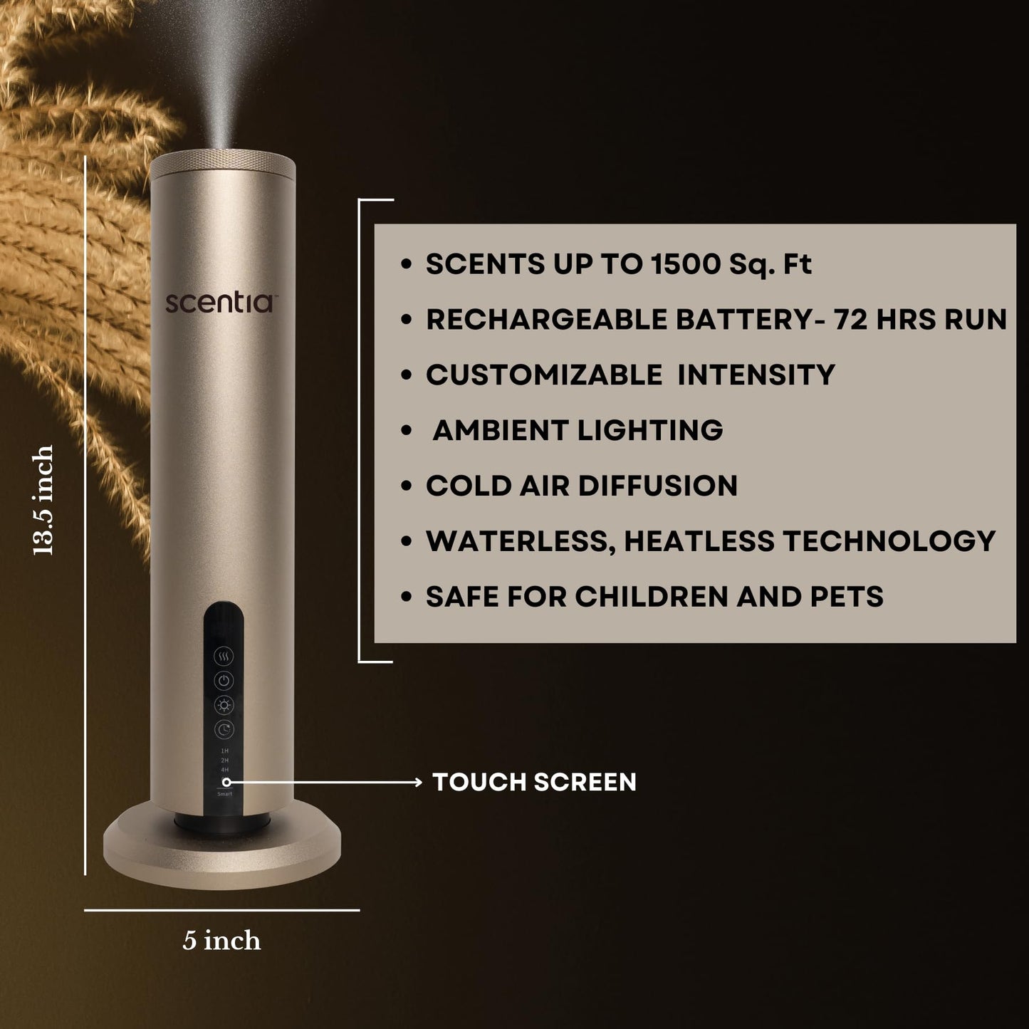 Scentia Wireless Waterless Hotel Scent Diffuser | Includes Premium USA-Made Oil Blend | App Controlled, Cordless | Home, Office, Spa, Aromatherapy | Covers 1500 Sq Ft | 72 Hrs in 1 Charging | Gold