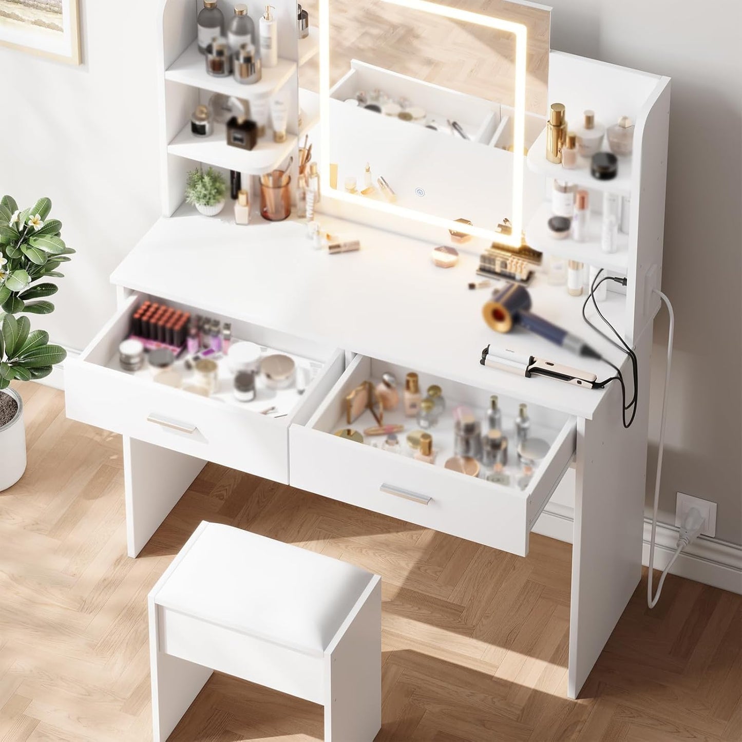 GarveeHome Vanity Desk with Lights, Tri-Mode LED Lighted Mirror and Charging Station, Makeup Vanity Set with 6 Shelves, 2 Drawers, and Soft Cushion Stool for Bedroom