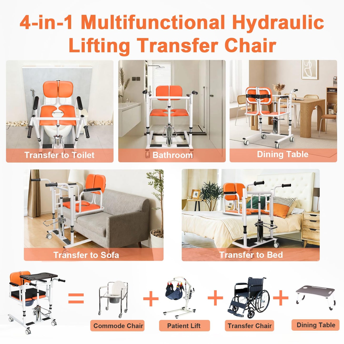 mindmed Patient Lift Transfer Chair for Home, 440lbs Capacity, 4 in 1 Patient Lift Transfer Chair with 180° Split Seat, Upgraded Rod for Height Adjustable, for Elderly Transfer to Bed/Toilet (Orange)