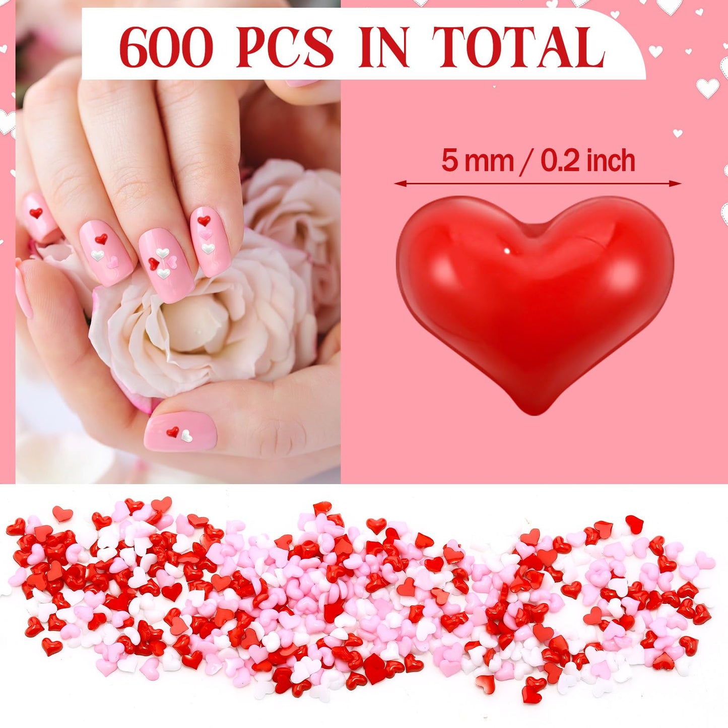 600pcs Valentine Heart Nail Charms and Gems Mini Pink Heart Charms for Nail Red White 3D Resin Rhinestones Love Accessories Half Cover Cute Supplies for Galentines Day Women DIY Decor