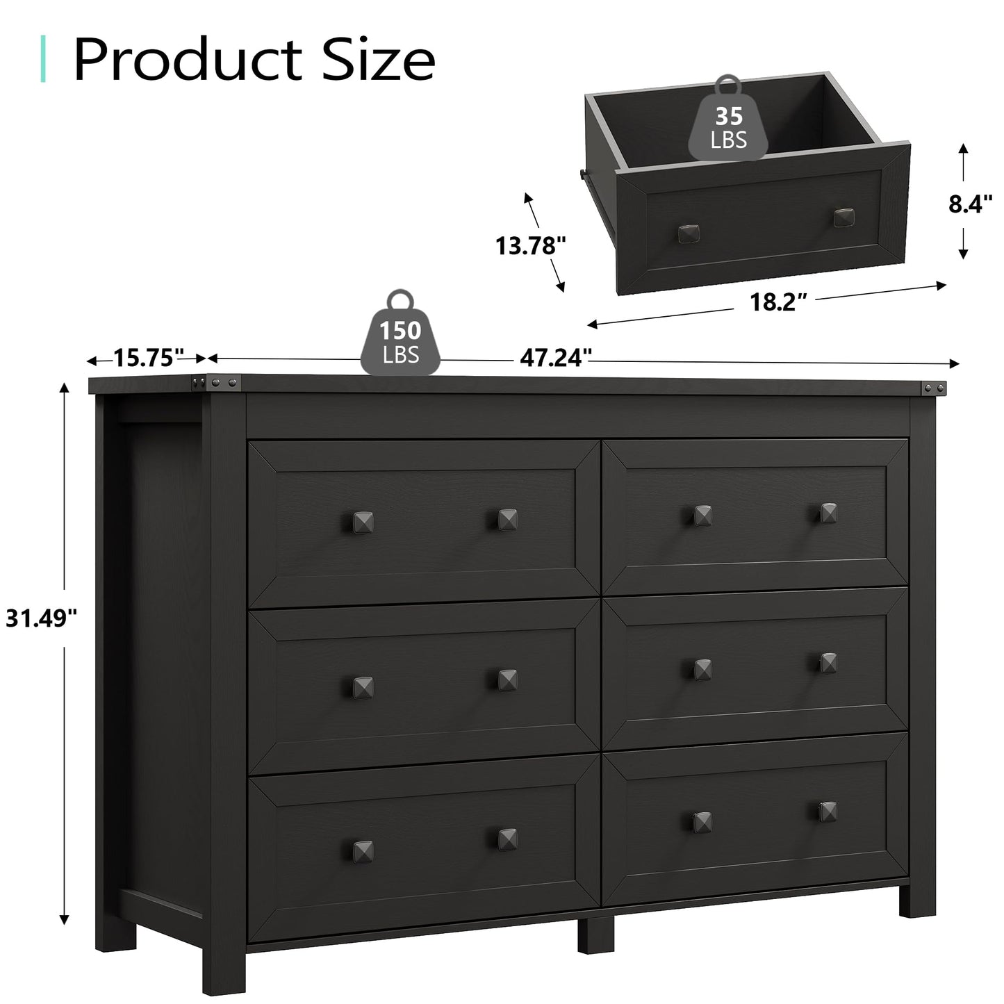 Dresser for Bedroom with 6 Drawers, Farmhouse Wood Chest of Drawers, Wide TV Stand Closet Storage Furniture with Metal Handle, Modern Clothes Organizer for Hallway, Living Room, Entryway, Black