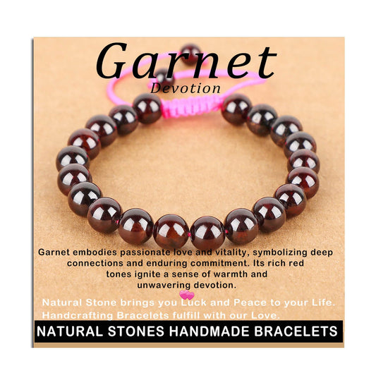 AD Beads 8mm Garnet Bracelet - Stone of Devotion - Handmade Natural Stone Crystal Bracelet with Adjustable Macrame String - Yoga Healing Power Energy Gifts for Men and Women