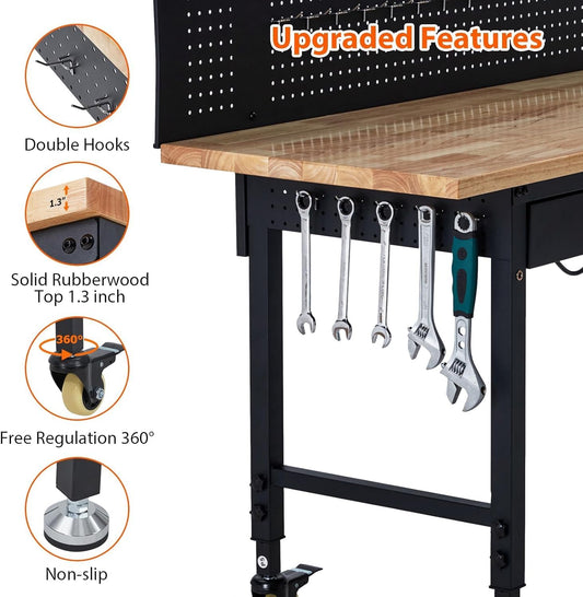 Work Bench 60" Adjustable Height, Heavy-Duty Portable Workbench with Power Outlets and Drawer for Garage & Workshop, 2000 LBS Load Capacity Large Pegboard, Work Table for Office, Home, Easy Assembly