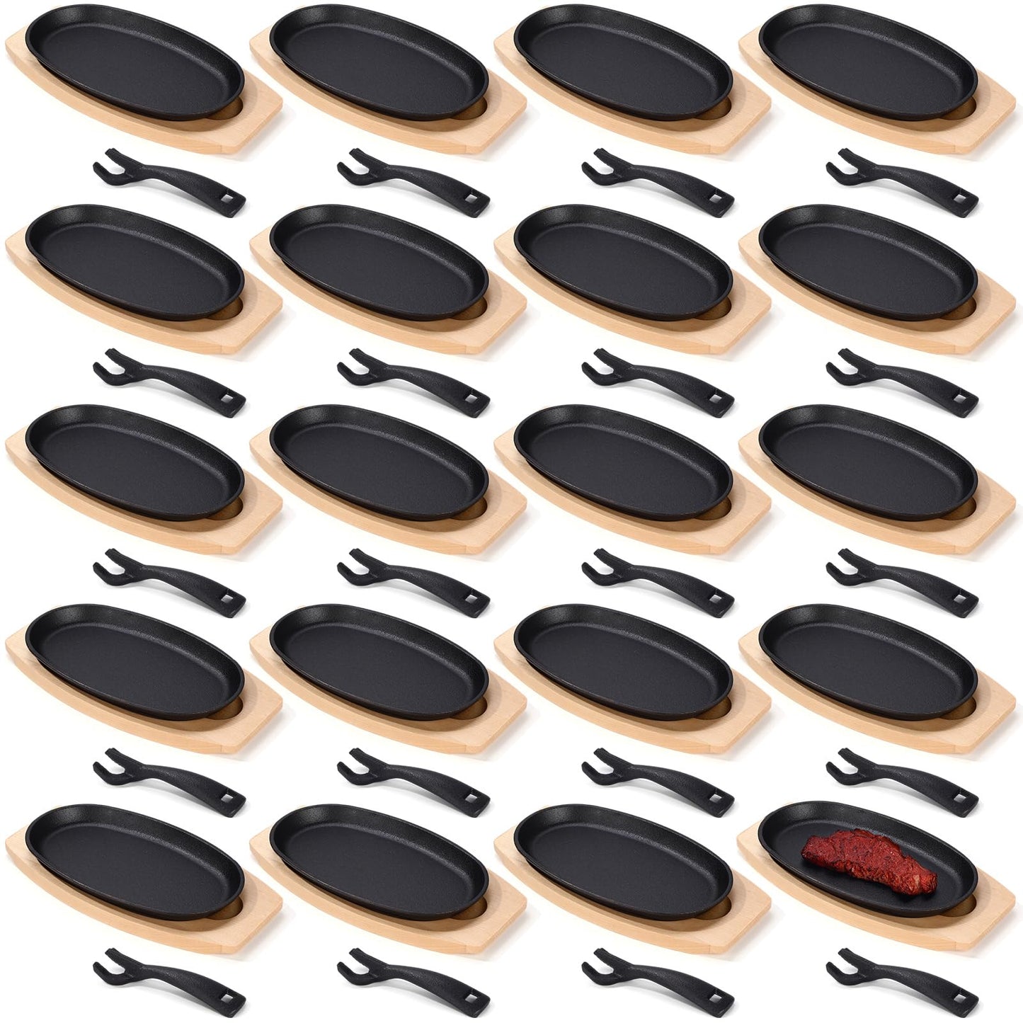 Mifoci 20 Pieces Oval Cast Iron Fajita Skillet Pan Set Small Sizzling Steak Plate with Wooden Base and Handle Cast Iron Fajita Skillet Sizzling Plate for Home, Restaurant, Kitchen, BBQ, Wedding