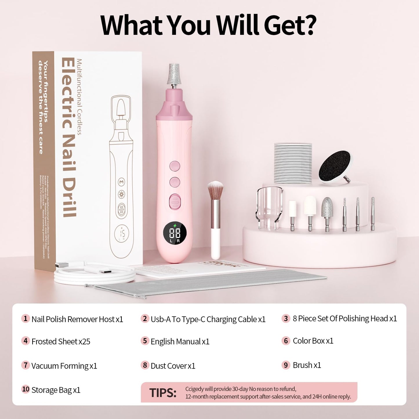 Electric Nail Drill Kit, Nail Filer Electric with LCD & Lamp, Rechargeable Pedicure Tools for Feet, Toenail Grinder for Thick Toenails, Cordless Nail Dremel Tools for Women & Men