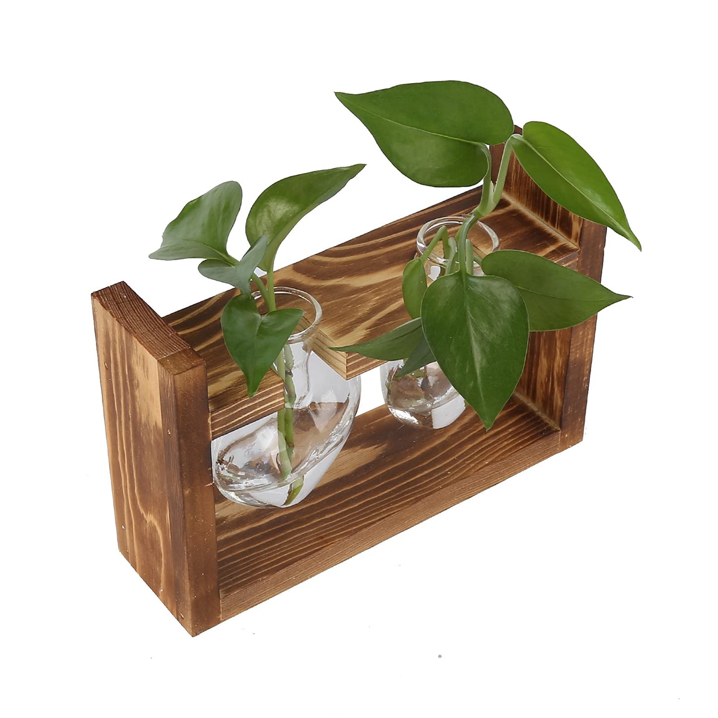 Flower Vase, Glass Desktop Planter Plant Terrarium Kit Desktop Propagation Station Glass Flower Vase with Wooden Holder for Wedding Decoration (Retro Frame + 3 Heart Bottle)