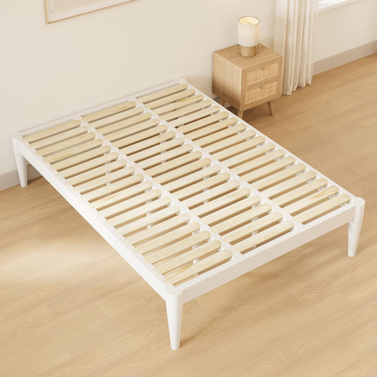 IOTXY Full Platform Bed Frame - Solid Wood 16-Inch Height Mattress Foundation Base with Densely Slats and Heavy-Duty Support Legs, No Box Spring Needed, White