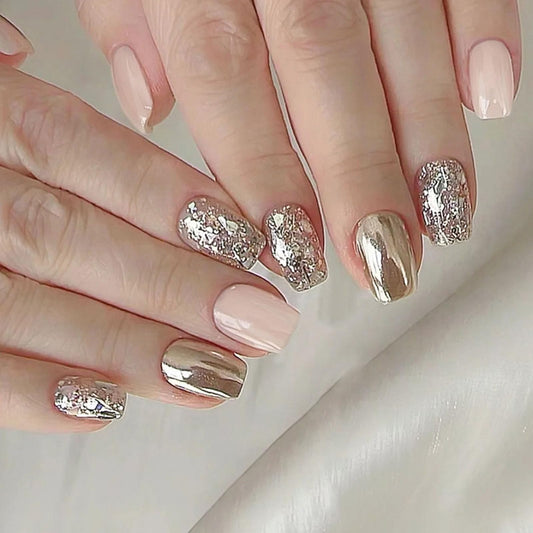 Acrylic Press on Nails Short Square Fake Nails Light Pink Nail Press ons with Silver Glitter Sequins Designs Gold Glue on Nails Glossy Manicure Style Artificial Nails 24Pcs for Girls Women