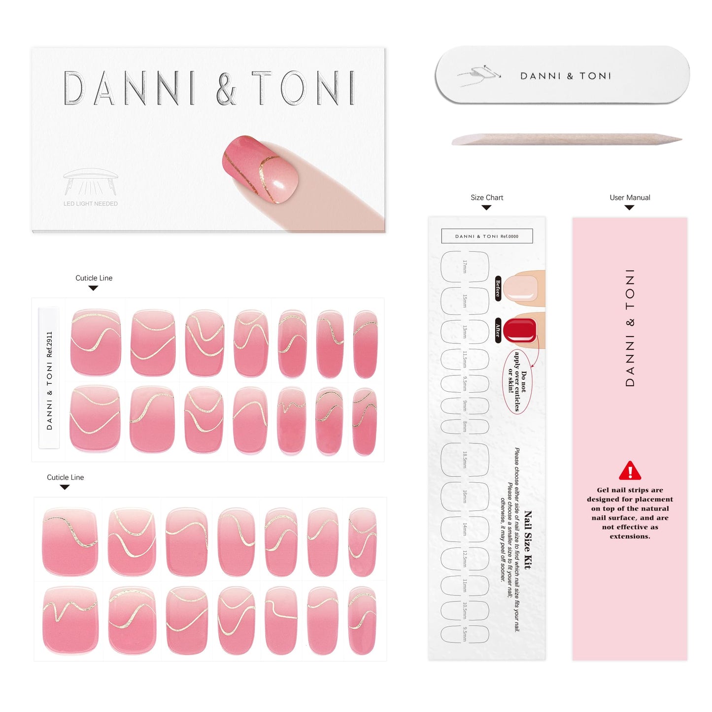 DANNI & TONI Semi Cured Gel Nail Strips Blush Pink Ombré Gold Line Gel Nail Stickers 28 Stickers Gift for Woman | Pink Swirls