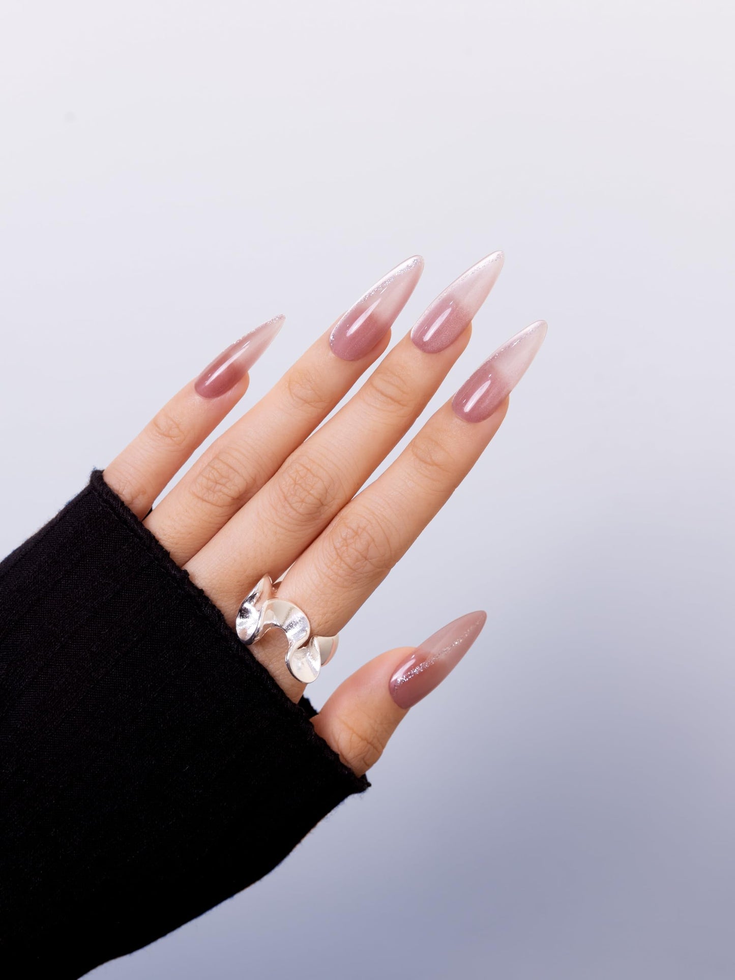 SIYOU Beauty | Shooting Star Sky | Pink Glitter Long Almond Press On Nails for Women (Small) - Reusable, Salon-Quality Fake Nails (10pc)