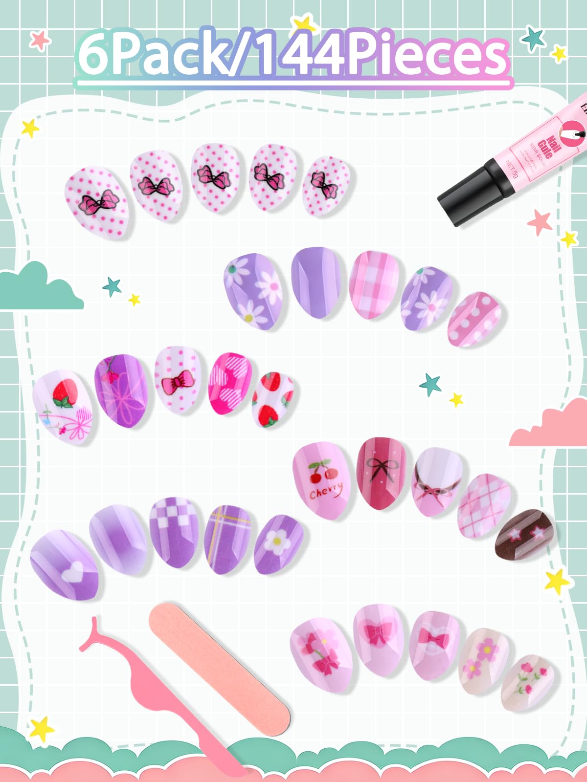 EBANKU 144 Pcs Press on Nail Kids, 6 Pack Mini Kid Flase Nails Kit with Nail Glue Set Fake Nail for Girls Nail DIY Salon Home Decor