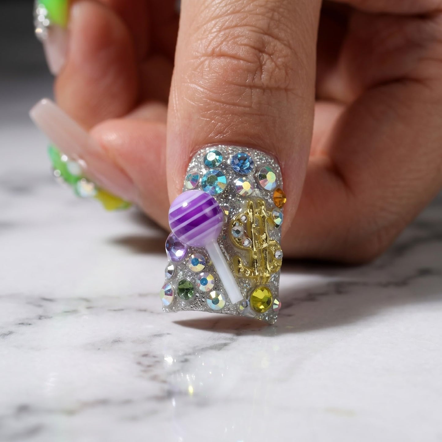 Luxury Colorful Handmade Press on Nails Duckbill Mediu Fake Nails with 3D Candy Rhinestones Design False Nails Embossed Reusable Full Cover Glue on Nail for Women Manicure 10Pcs (Size M)