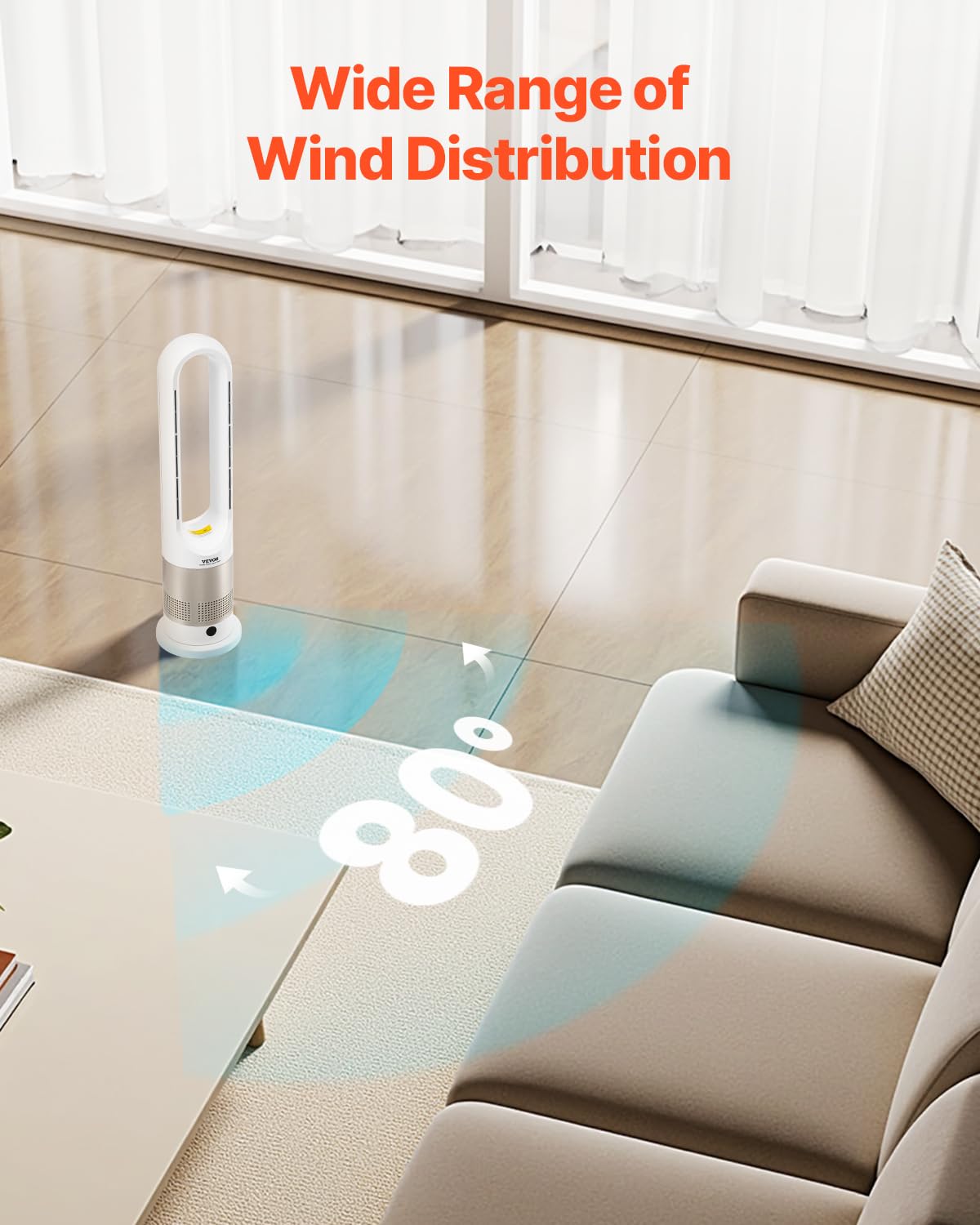 VEVOR Tower Fan Bladeless, 16 ft/s Velocity Quiet Floor Fan that Blows Cold & Heating Air, 80° Oscillating Fans with 8 Speeds, 9H Timer, Standing Fans with Remote Control for Bedroom, Office, Home