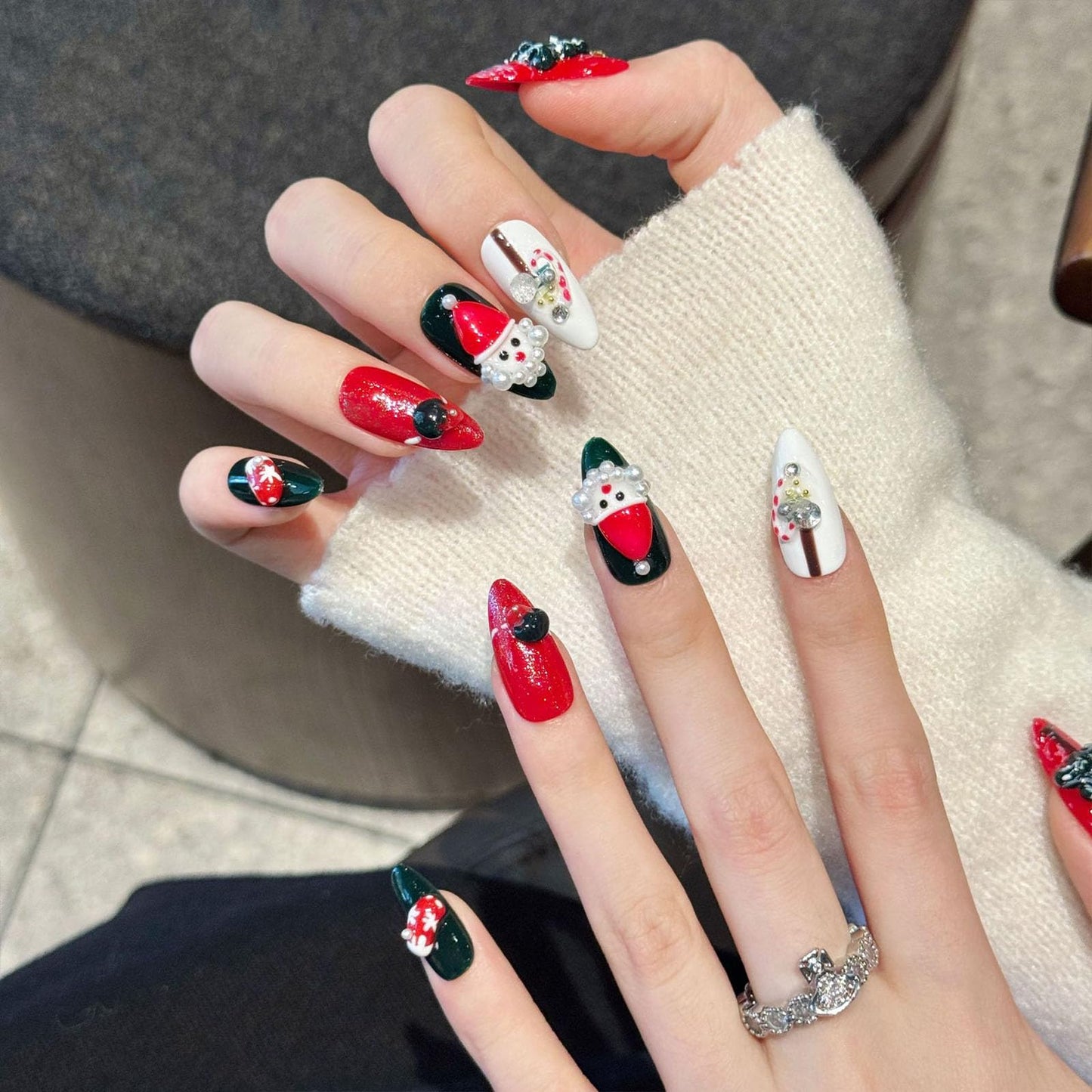 10 Pcs Christmas Handmade Acrylic Press on Nails Almond Medium Fake Nails with Design 3D Christmas Tree and Santa Claus Glue on Nails Artificial Handmade Christmas Nails for Women - Size M