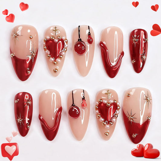 HOSAILY 3D Red Press on Nails Almond Medium Red French Tip Valentines Fake Nails with Gold Pentagram Star Design& Pearl Stick on Nails, 30pcs Glossy Reusable Full Kit Glue on Nail Press ons for women