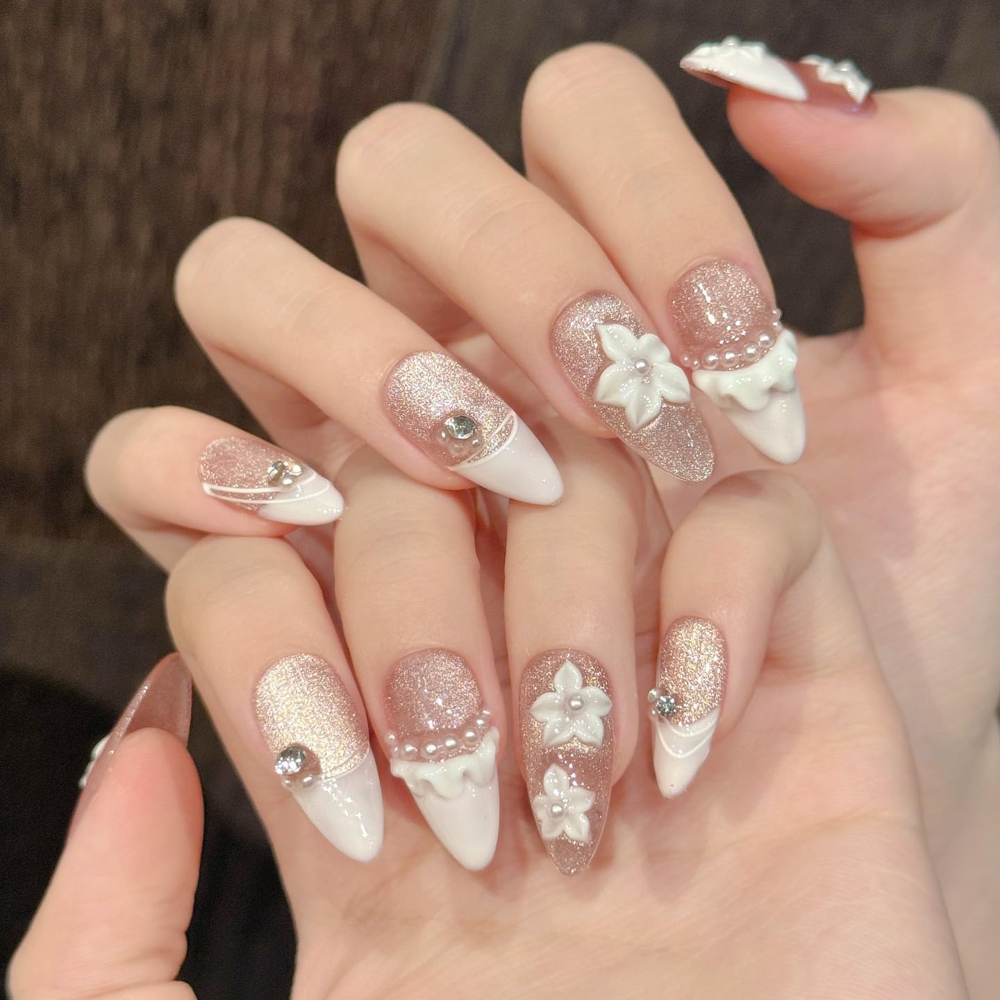 Handmade Press On Nails Medium Almond Cute Pink Cat-Eye Water Droplet Carving Reusable Wedding Prom And Festival Gift Handmade Acrylic Press On Nails Aacrylic Nail (M)