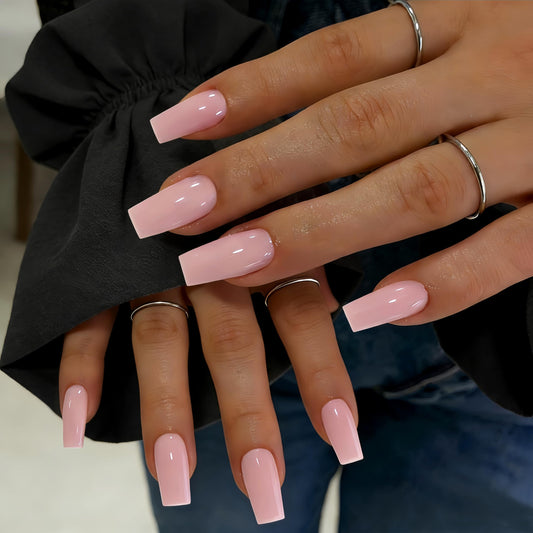 SXVME Press On Nails Long Square - Light Pink Press on Nails with Glue for Women, Natural Simple Fake Nails Press ons Medium, Glossy Soft Gel Glue on Nails Coffin, Reusable Nail Stick Ons, 24 Pcs
