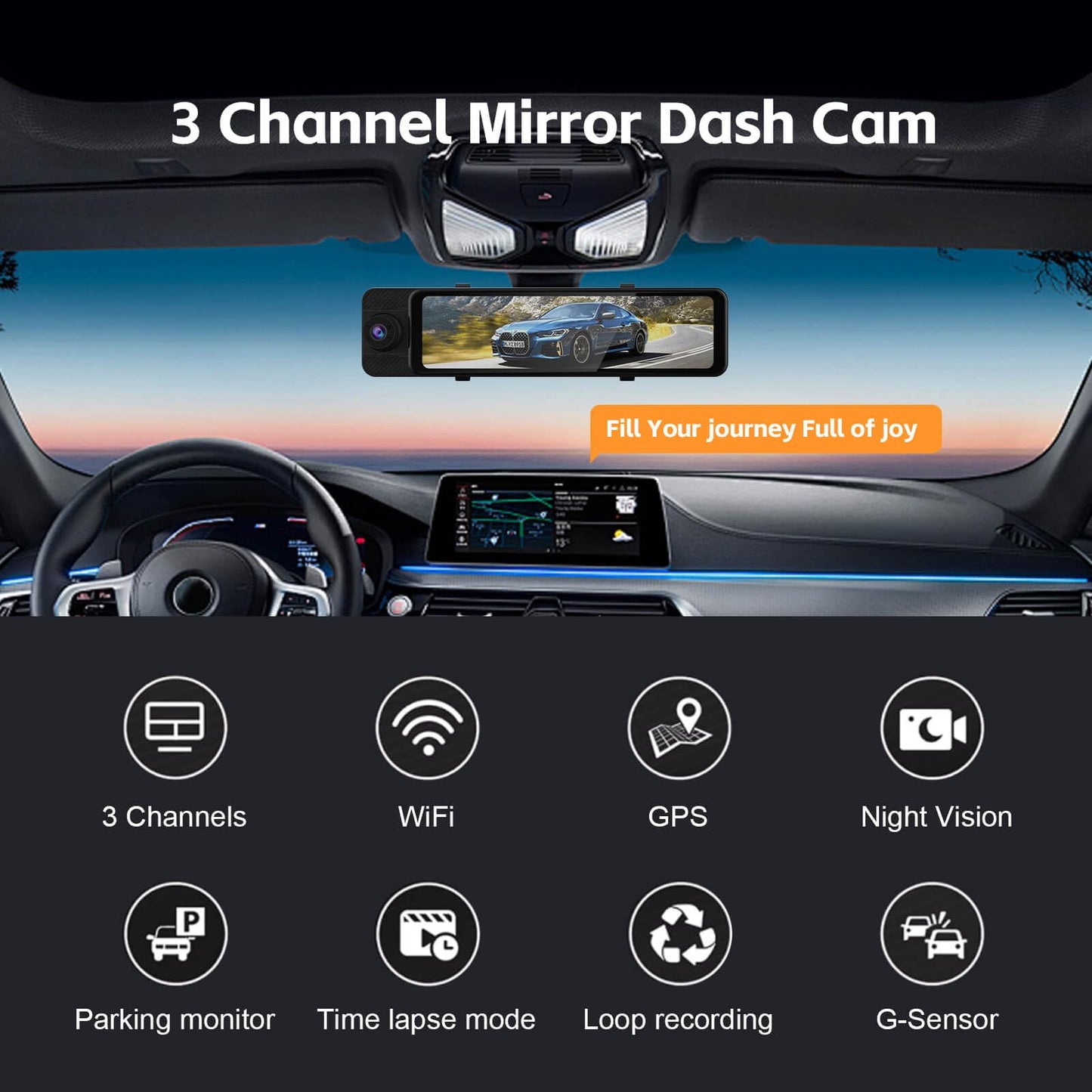 3 Channel Rear View Mirror Camera, 4K+1080P+1080P Front Inside and Rear Car Camera, 12" Touch Screen Backup Camera with 5GHz WiFi GPS, 24H Parking Mode, HDR Night Vision, G Sensor, Free 128G Card